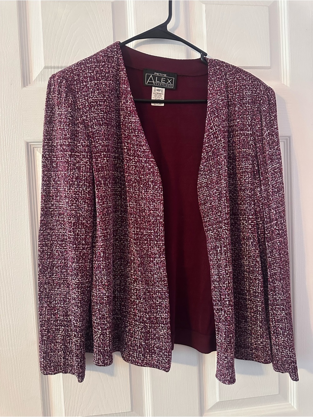 Alex Evenings Burgundy and White Tweed Open Cardigan